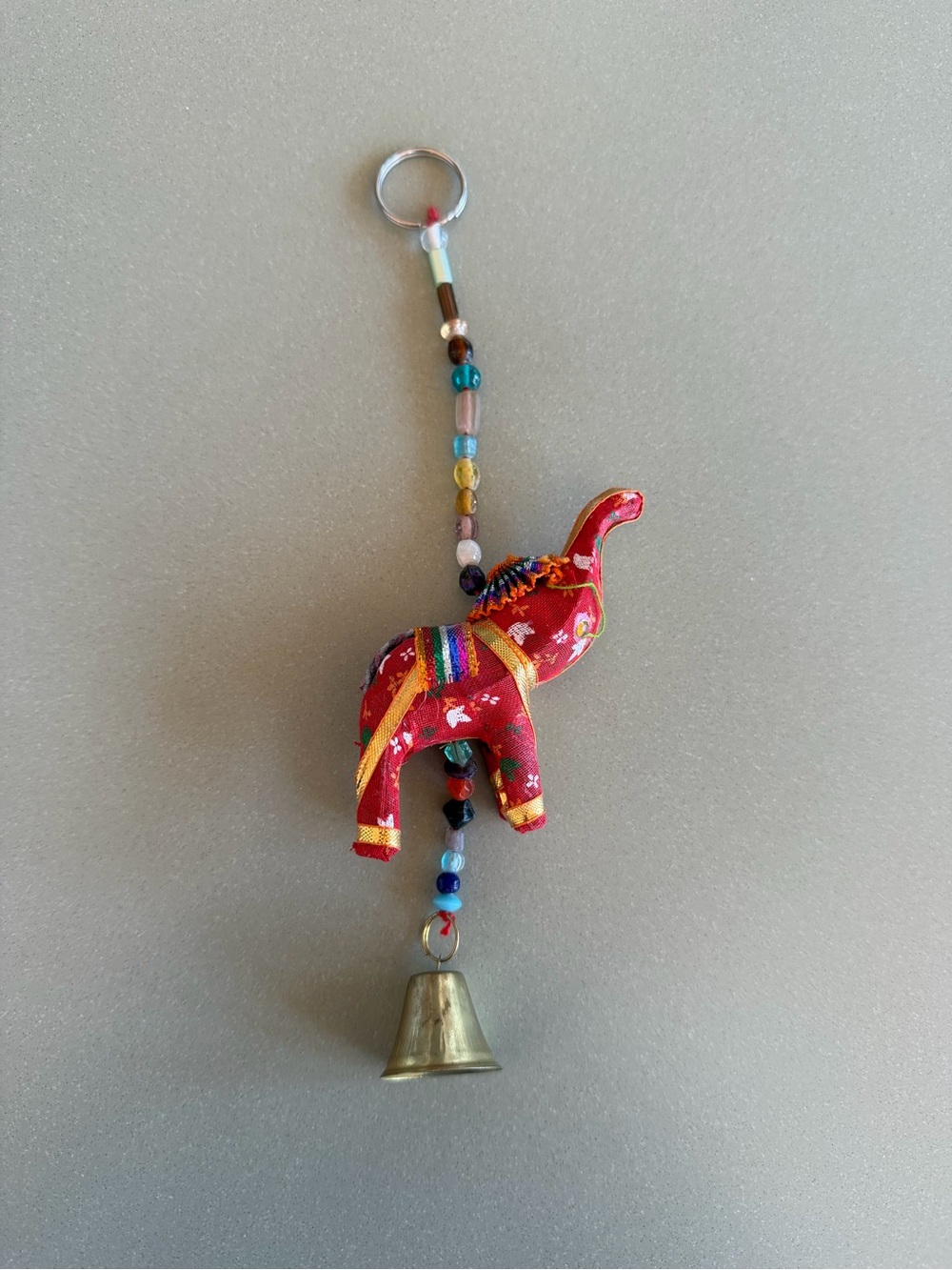 Red Fabric Beaded Elephant Keychain with Bell